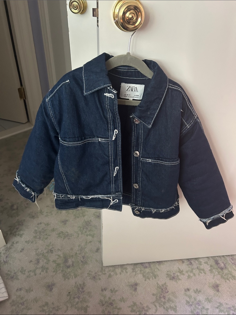 Zara Kids Dark Indigo Denim Jacket with White Contrast Stitching size 6